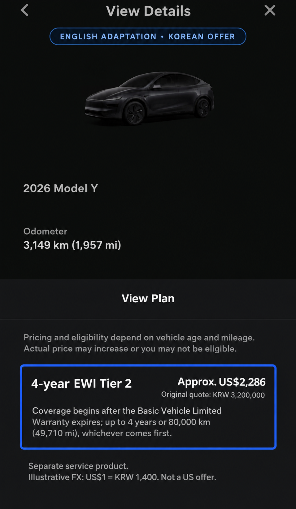 My Korean Model Y EWI quote: Tier 2 at ₩3,200,000, approximately US$2,286 at the illustrative exchange rate.