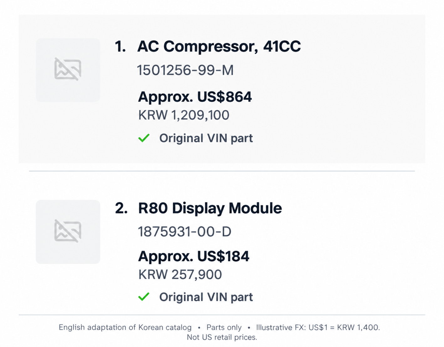 The AC compressor was listed at ₩1,209,100, or about $864. The R80 display module was ₩257,900, or about $184. Labor is not included.